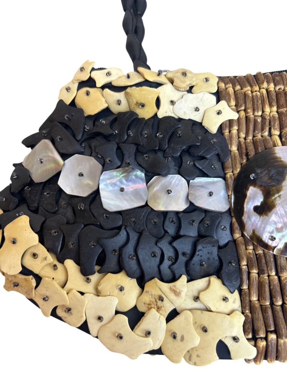 Handmade Woven Bag Black Beige Iridescent Shells Wood Boho Beach Casual Purse - Picture 4 of 11